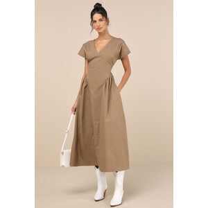 Lulus Modern Concept Khaki Short Sleeve V-neck Midi Dress With Pockets Beige